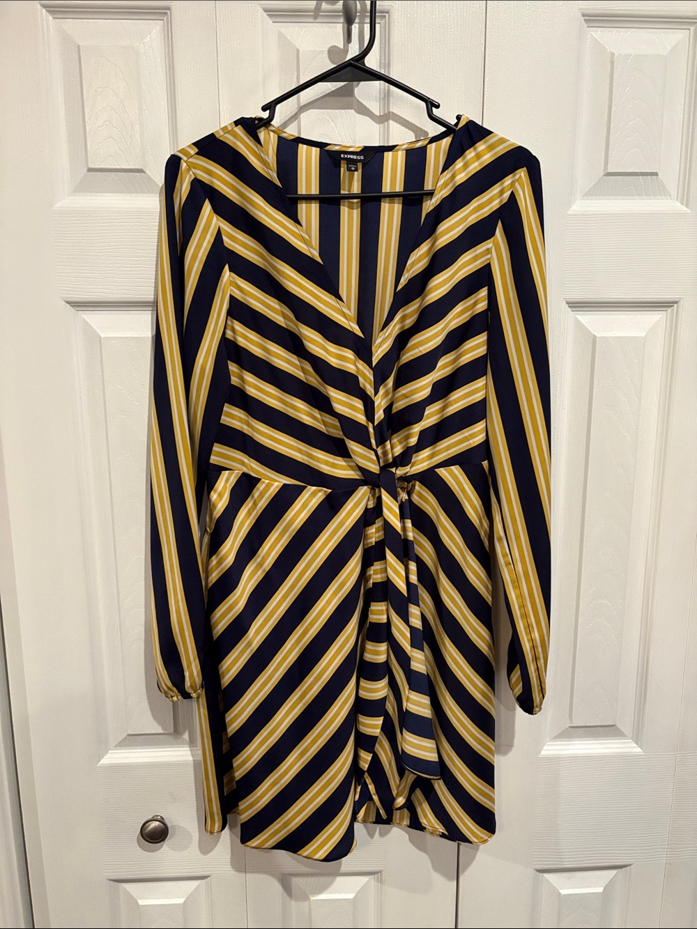 Express Navy and Mustard Stripe Long-Sleeve Twist Front Dress